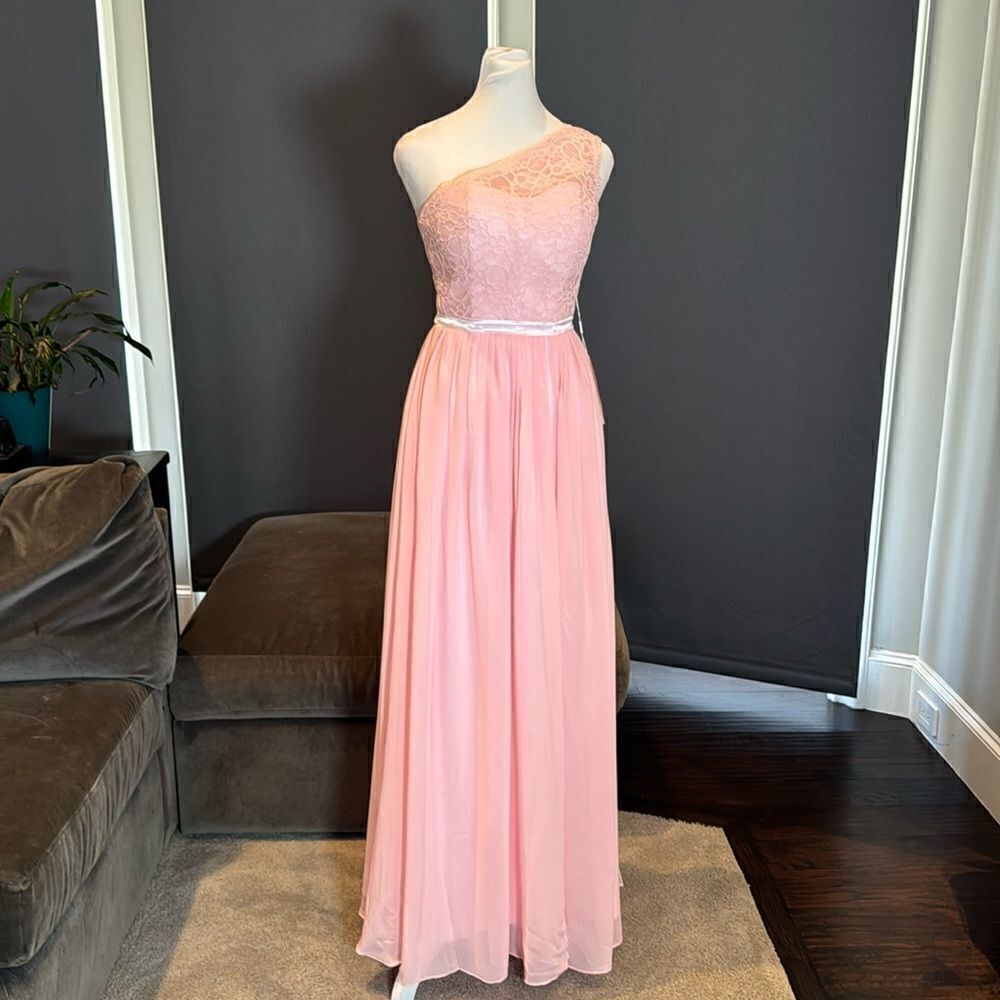 Women’s Pink One Shoulder FullLength Chiffon & Lace Bridesmaid Dress Size 0 NWT